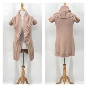KAUFMANFRANCO Cashmere Short Sleeve Cardigan Womens XS Tan Drape Collar Open